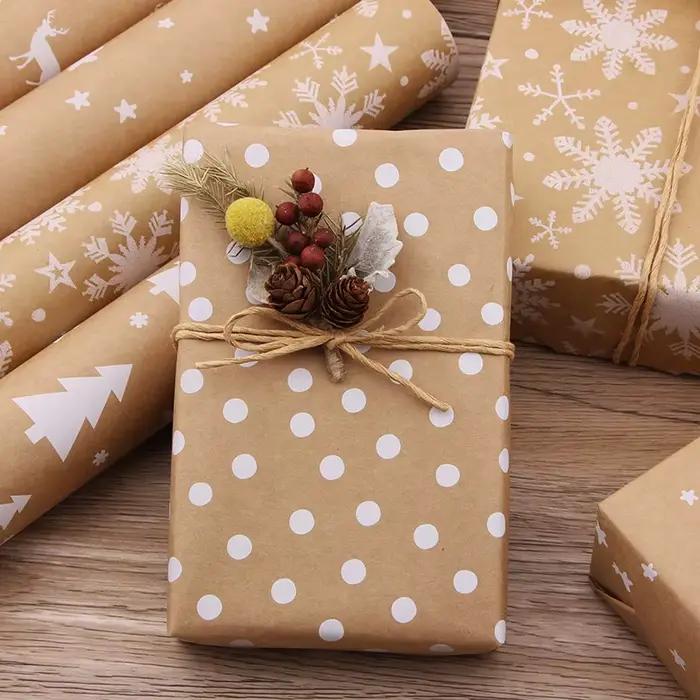 Papier d'emballage décoratif marron, rouleau de papier cadeau de noël, emballage Kraft rétro arbre de noël flocon de neige, papier d'emballage cadeau, bricolage