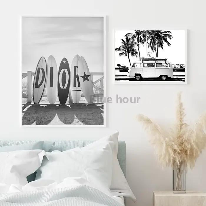 Affiche de photographie de paysage de plage de palmier noir et blanc