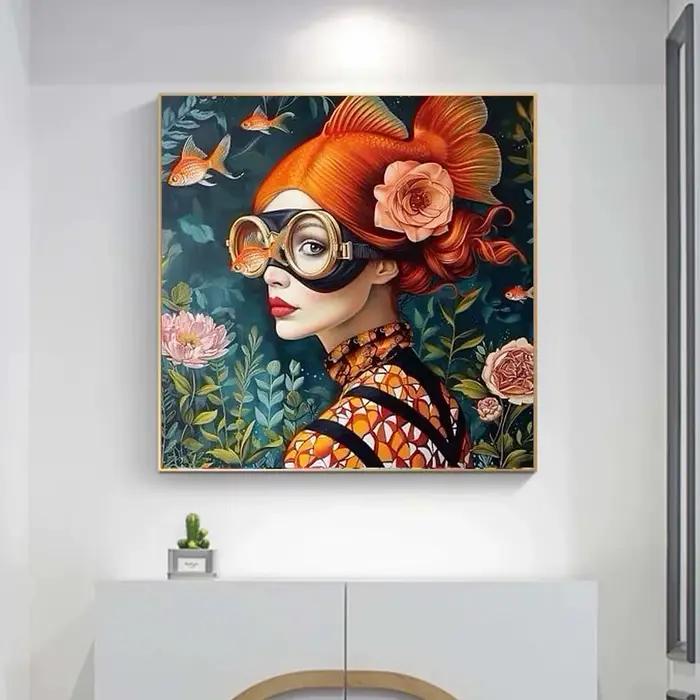 Surréalisme femme Portrait toile peinture mur Art merveilleux fantaisie poisson et fille affiche imprime pour salon décor à la maison