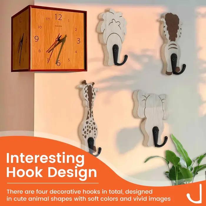 Crochet mural décoratif en bois avec animaux de dessin animé
