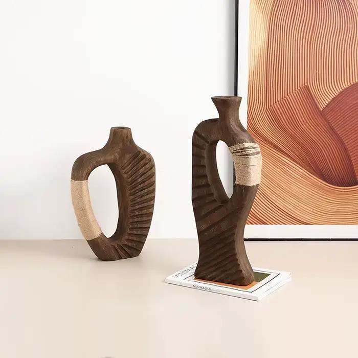 Vase en bois fait main, abstrait, ajouré, en bois naturel, accessoires pour arrangements floraux, corde de chanvre, décoration intérieure