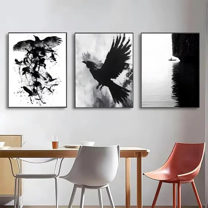 Affiche minimaliste en noir et blanc avec motif d'arbre et de corbeau
