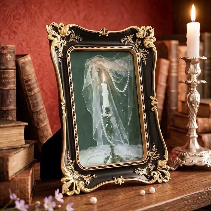 1 pièce, cadre photo en résine européenne noir et or gaufré, pièce décorative de bureau luxueuse et élégante