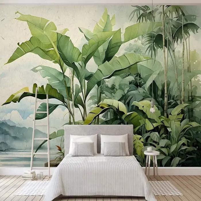 Papier peint mural personnalisé nordique rétro peint à la main feuilles plantes tropicales résistant à l'humidité salon chambre décoration maison occaions spéciales