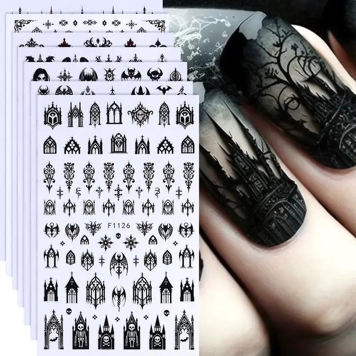 Autocollants gothiques 3D noirs pour ongles halloween design alphabet lettres chateau dentelle crâne nail art occasionnels