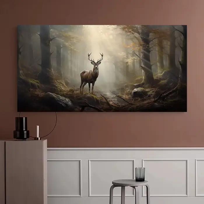 Affiche de cerf vintage en forêt brumeuse mystique avec animaux sauvages peinture sur toile pour décor de maison et chambre à coucher occassions spéciales