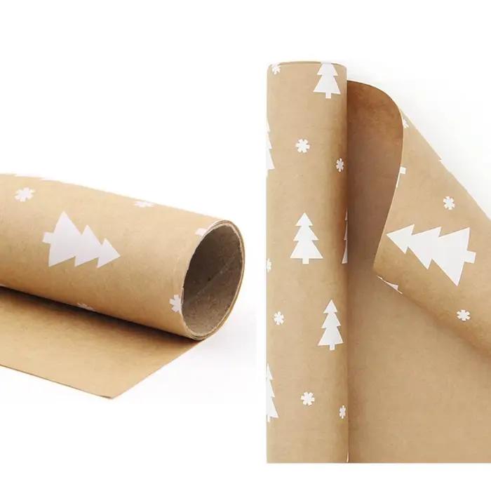 Papier d'emballage décoratif marron, rouleau de papier cadeau de noël, emballage Kraft rétro arbre de noël flocon de neige, papier d'emballage cadeau, bricolage