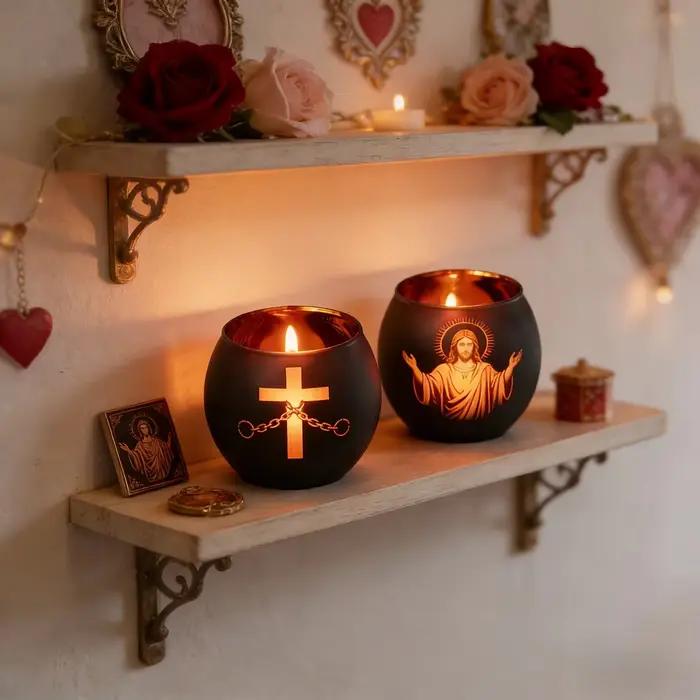 Lot de 2 bougeoirs en verre noir avec figurines et croix