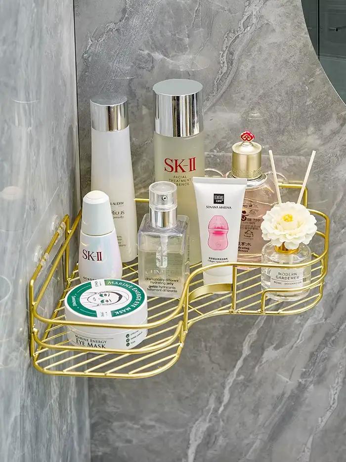 Étagère de rangement triangulaire dorée pour salle de bain