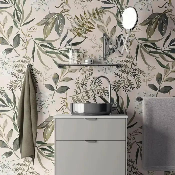 Papier peint feuilles vertes pastel Pixel&Wall résistant à l'humidité et aux moisissures pour cuisine chambre enfant étude salon装饰墙面的自然绿色叶状壁纸，适用于厨房、卧室、儿童房、书房和客厅，具有防潮、防霉特性，为家庭创造健康环境。