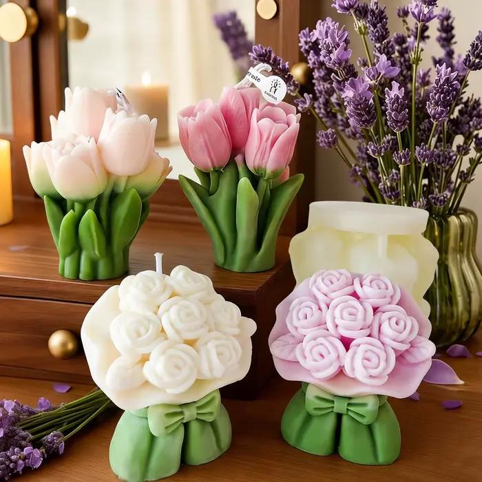 Bouquet de bougies parfumées à la rose et à la tulipe - Bougie florale artisanale en cire de soja, cadeau de mariage, cadeau de la Saint-Valentin, décoration de table à la maison