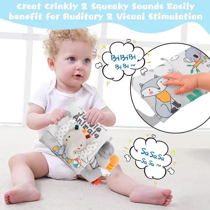 Livre pour bébé en tissu doux avec pages au toucher et au toucher – Livre sensoriel mignon pour bébés de 0 à 6, 6 à 12 à 18 mois avec cadeau froissé pour nouveau-né
