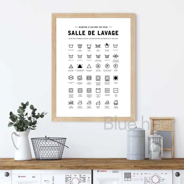Panneau de buanderie, Art mural imprimé, symbole de buanderie, peinture sur toile, Guide de soins du linge, affiches et imprimés, décoration d'images murales
