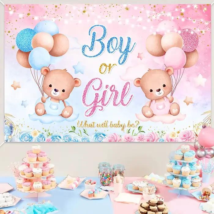 Genre ​ Décorations de fête de révélation du sexe du bébé, fournitures de décoration, bannière ours rose et bleu, fond de photographie