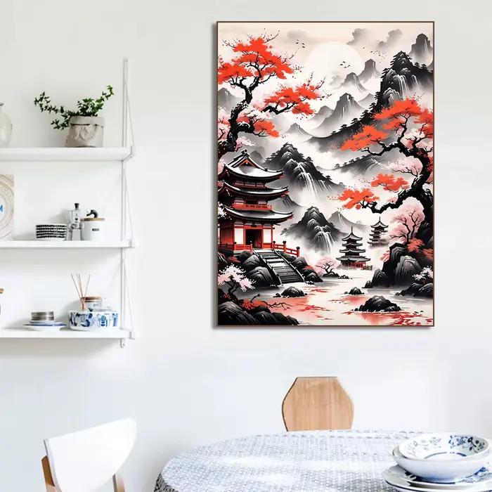 Impressions sur toile Potdemiel de paysages de portails de temple de cerisiers japonais pour décoration de salon et maison occasions spéciales