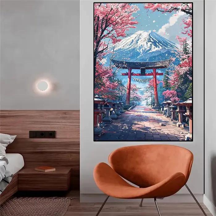 Affiche de village de fleurs de cerisier japonais peinture sur toile aquarelle style japonais décoration murale pour salon maison occasions spéciales