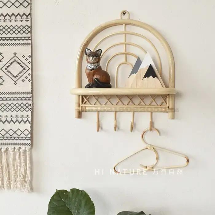 Étagère murale en rotin faite à la main, décor Boho Semi-circulaire, décoration de chambre d'enfant, crochet pour manteau de porche, ameublement de maison