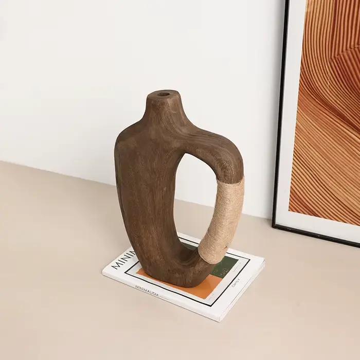 Vase en bois fait main, abstrait, ajouré, en bois naturel, accessoires pour arrangements floraux, corde de chanvre, décoration intérieure