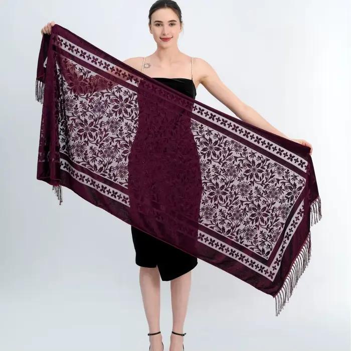 Velours Floral évider écharpe rétro ethnique gland écharpe velours Pashmina étole Babushka musulman Hijab plage Cheongsam châle