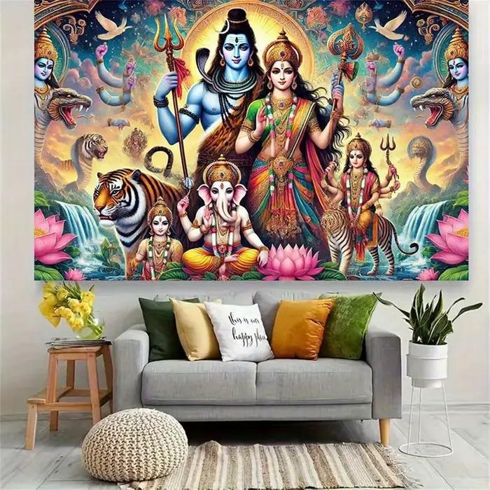 Shiva famille tapisserie dieu hindou Parvati Ganesha Kartikeya toile Art tenture murale Temple décor à la maison cadeau spirituel salle de Yoga