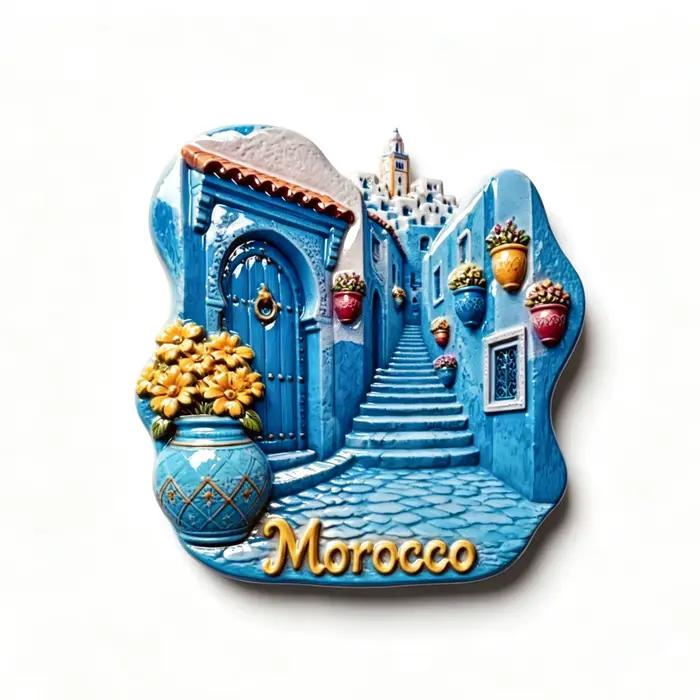 Maroc, Shefshavan, Blue Mountain City, Stéréoscopique 3D, Souvenirs touristiques, Peinture en résine, Décoration maison, Aimant de réfrigérateur
