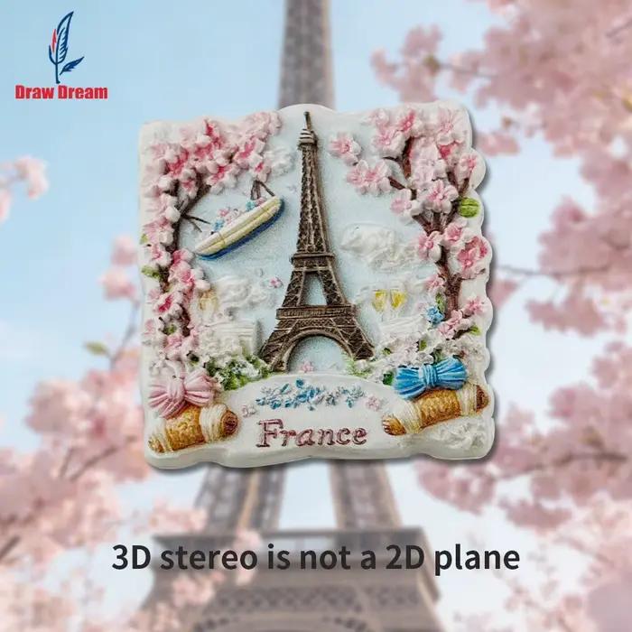 Affiche de réfrigérateur stéréoscopique 3D créative en forme de tour de cerisier rose français