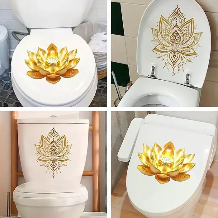 Autocollant de toilette Lotus doré décoration de style Zen autocollant mural auto-adhésif amovible esthétique pour salle de bain décoration de maison polyvalente occassions spéciales