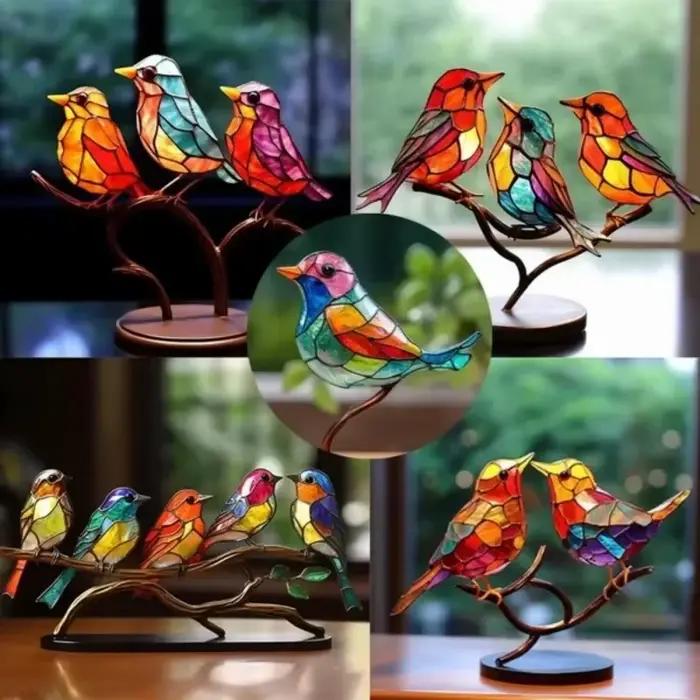 Vitrail oiseaux sur branche, ornements de bureau, oiseaux multicolores Double face en alliage, série d'oiseaux, décorations acryliques