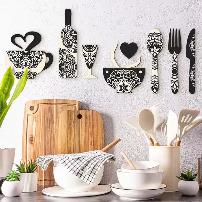 Ensemble de 8 décorations murales en bois noir et blanc sur le thème du café et du vin, avec adhésif, décoration de cuisine