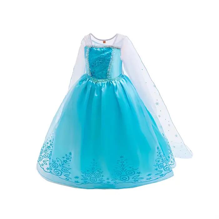 Robe de carnaval Elsa bleue à manches longues pour fille, tenue de fête d'anniversaire, costume de cosplay Elsa classique pour filles de 2 à 10 ans