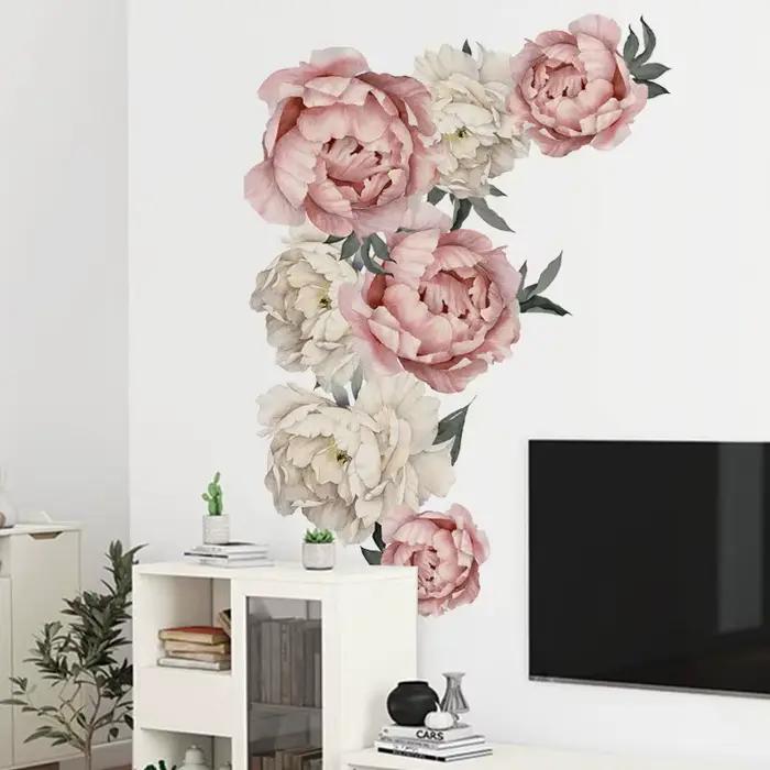 Autocollant mural en forme de fleurs de pivoine et de rose