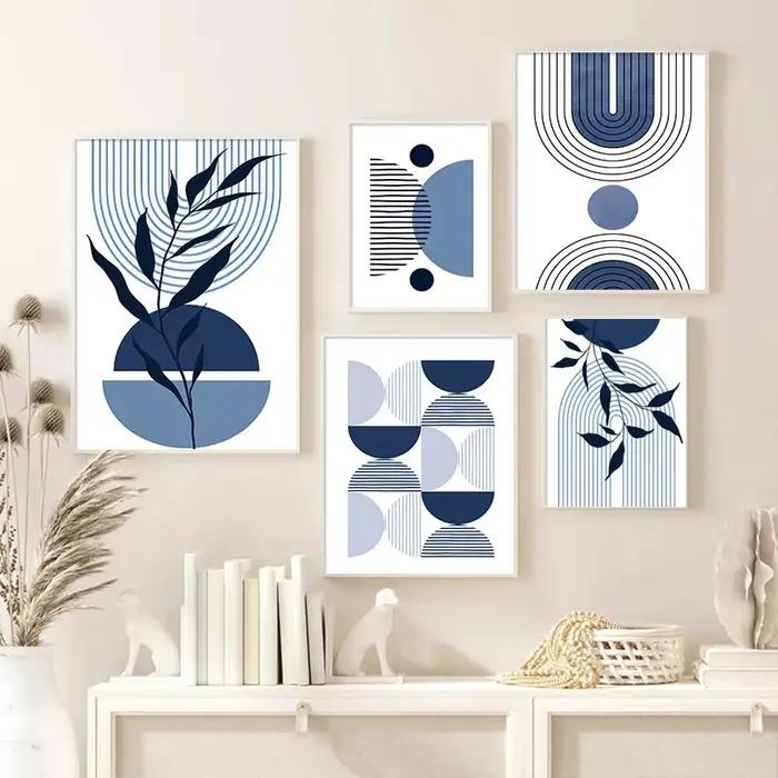 Boho bleu abstrait moderne mur Art impression soleil géométrique ligne feuille toile peinture nordique affiches décor photos pour salon