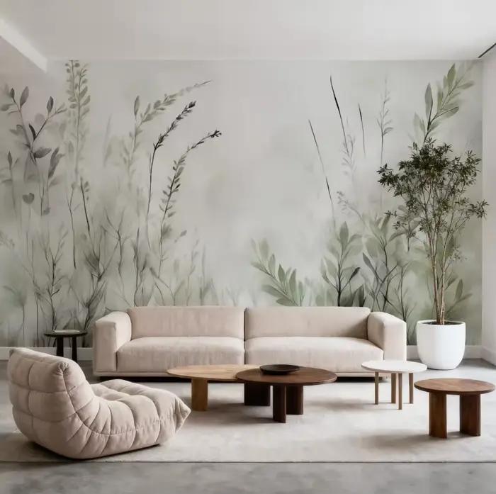 Papier peint mural sur mesure avec texture aquarelle feuilles vert sauge pour chambres