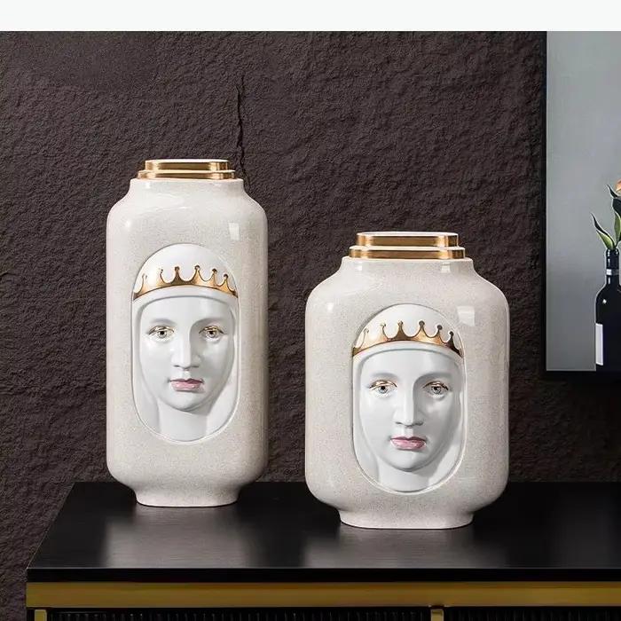 Vase en céramique, personnage de dessin animé abstrait, visage de la reine, vase à fleurs, sculpture, artisanat en céramique, accessoires de décoration pour la maison