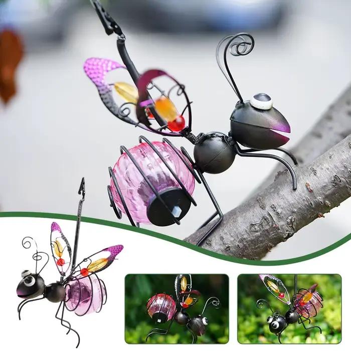 Statue d'insecte en fer solaire avec guirlande lumineuse LED