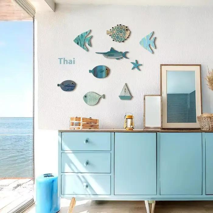 Lot de 10 décorations murales en bois en forme de poisson