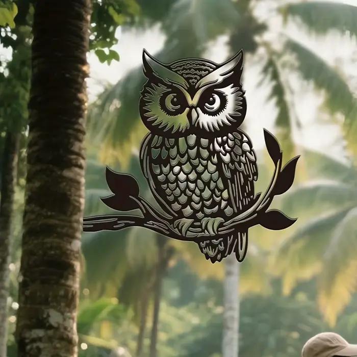 Statue de jardin en métal en forme de hibou, 1 pièce, décoration extérieure en silhouette noire avec un design complexe et des branches, construction en fer durable