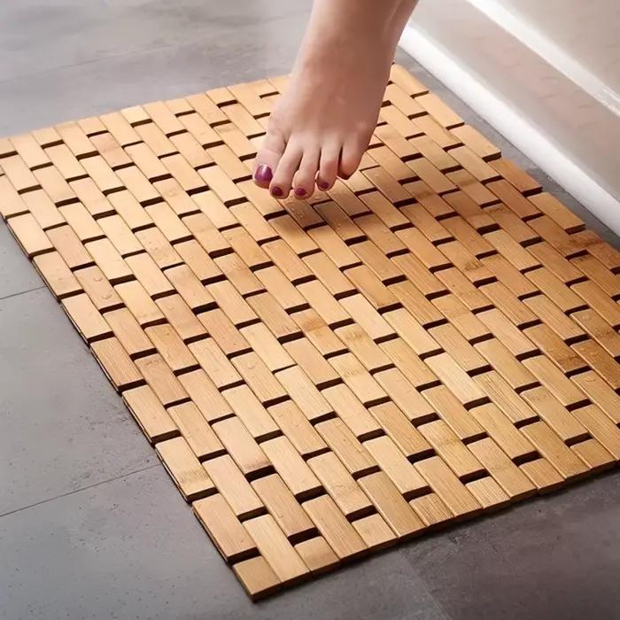 Tapis de bain et de douche en bambou – Design à lattes en bois enroulables avec base antidérapante, facile à nettoyer et à séchage rapide, tapis de bain antidérapant