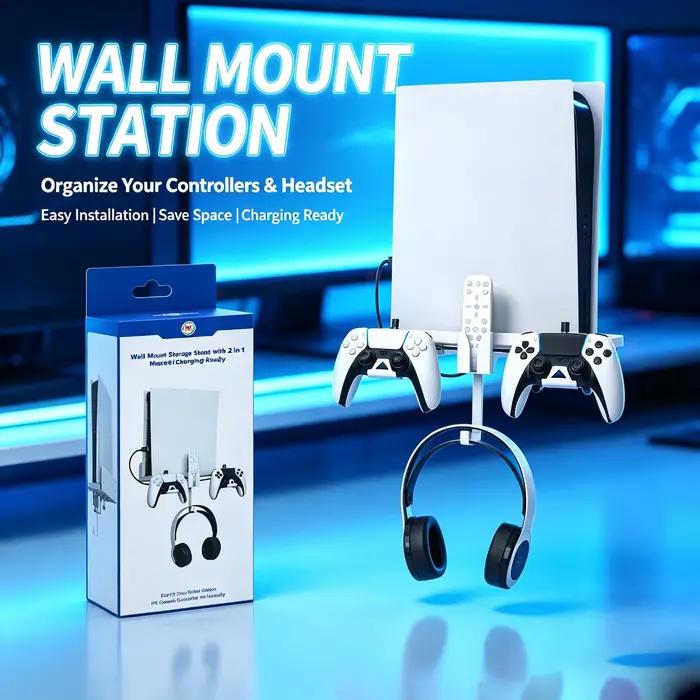 Support mural/de rangement pour console et manette PS5, livré avec un câble de charge pour manette, accessoire de jeu.