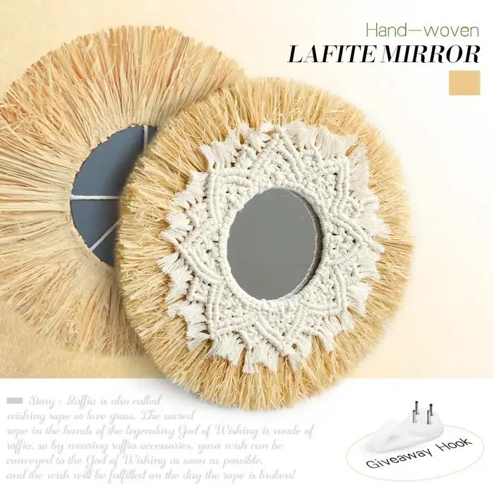 Boho décoration de la maison paille tissé à la main miroir