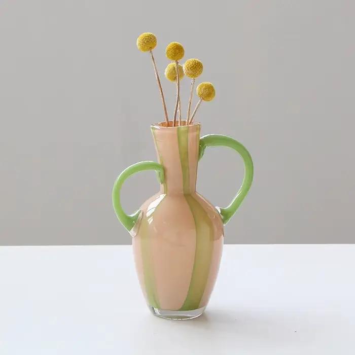 Vase en verre coloré avec poignée rétro, pichet, bouilloire à eau, vase à fleurs, hydroponie, terrarium, pot de fleurs, pots, décoration d'intérieur
