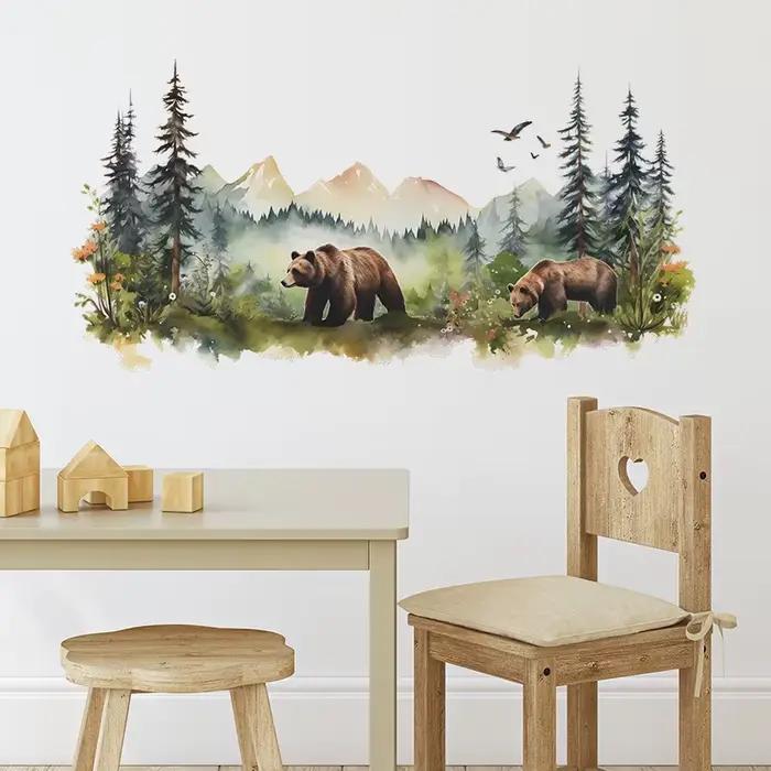 Autocollants muraux ours brun forêt peint