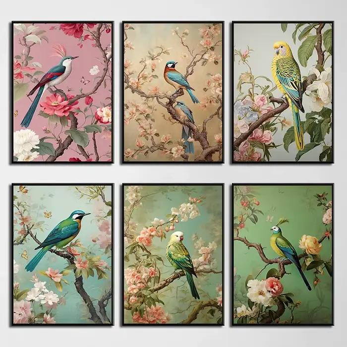 Chinoiserie traditionnelle oiseau et fleur perruche heron paysage affiche toile impression mur Art photos maison intérieur chambre décor