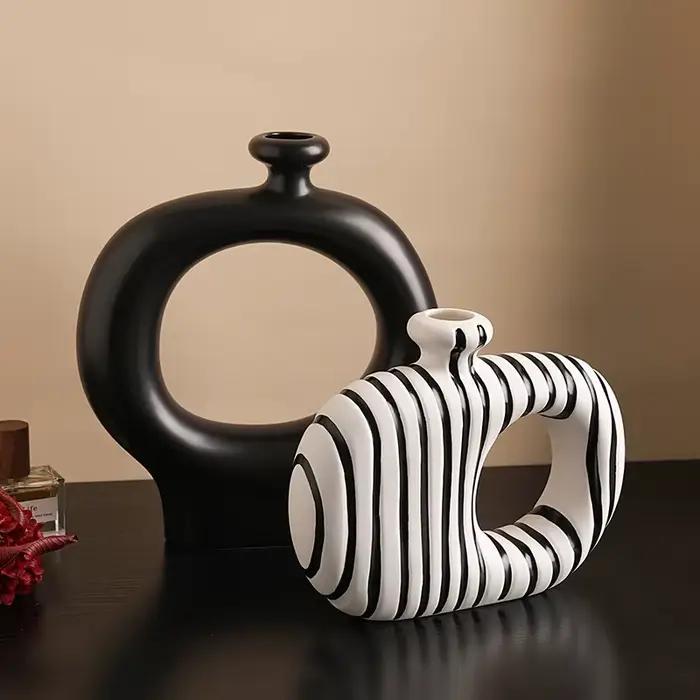 Beihanmei – Vase créatif rétro en céramique à rayures noires et blanches