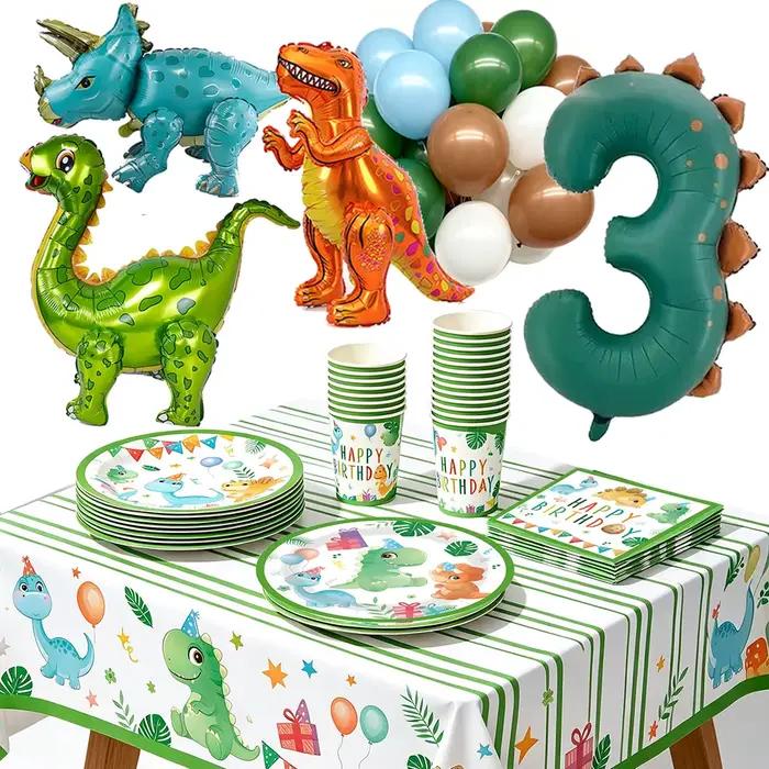 Kit de fournitures pour fête d'anniversaire de dinosaure de 3 ans, ballons en aluminium Dino, assiettes en papier, gobelets, serviettes, décorations de fête prénatale sur le thème des dinosaures juras