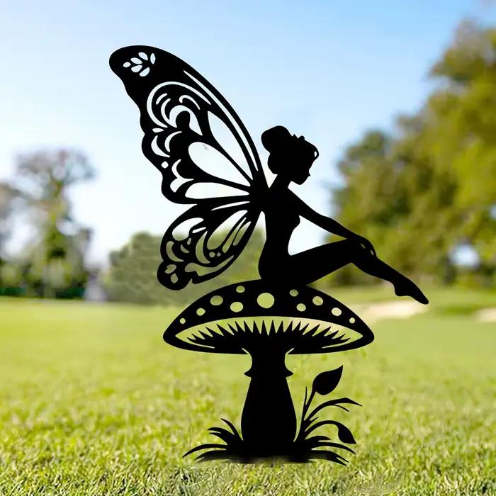 Art déco métal champignon fées jardin thème mur Sculpture elfes maison fer fée décor œuvre signe extérieur décoratif cadeaux