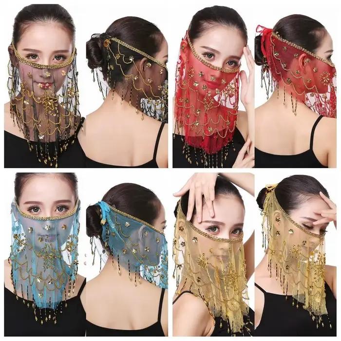 Couleur bleu lac avec perles mascarade fête danse du ventre voiles visage voile Costumes maille visage voile indien danse du ventre voile