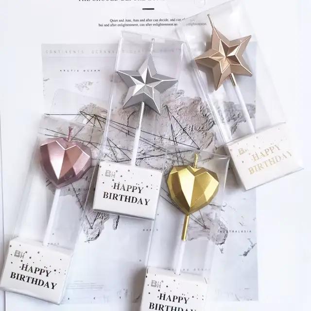 Bougie d'anniversaire en forme de diamant, cœur, étoile, créative, 3D, adorable, pour cupcakes, décoration de fête d'enfants, décoration de gâteau