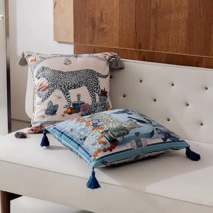 Juste de coussin en velours bleu, motif léopard, animaux de la jungle, rétro, décoratif, pour canapé, chaise, décoration d'intérieur, luxe