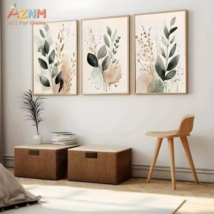 Lot de 3 impressions sur toile neutres à l'aquarelle d'eucalyptus